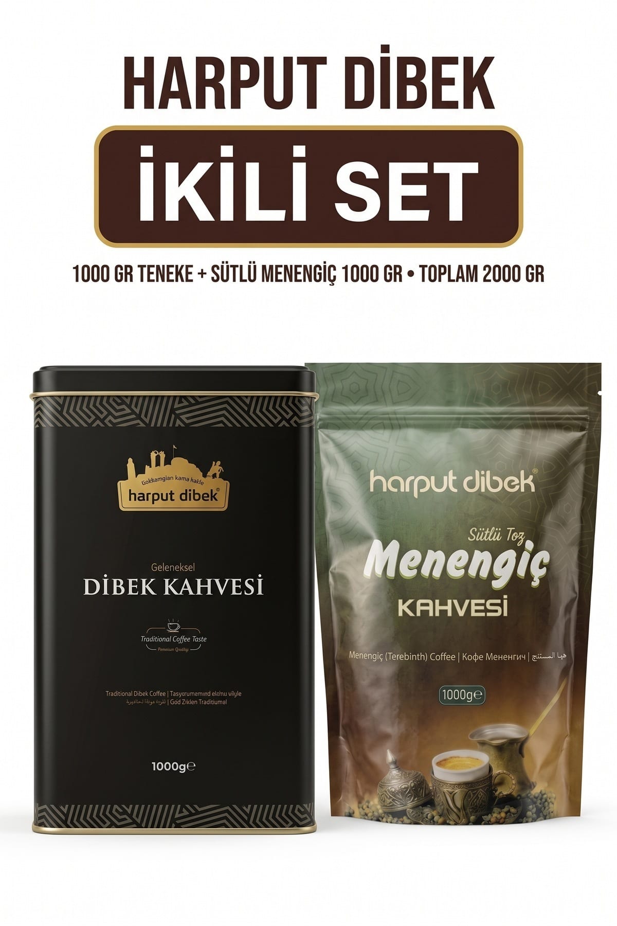aa8a7394a60687ba.jpg İkili Set 1000 gr Teneke Kutu Dibek Kahvesi + 1000 gr Sütlü Toz Menengiç Kahvesi - Görsel 1