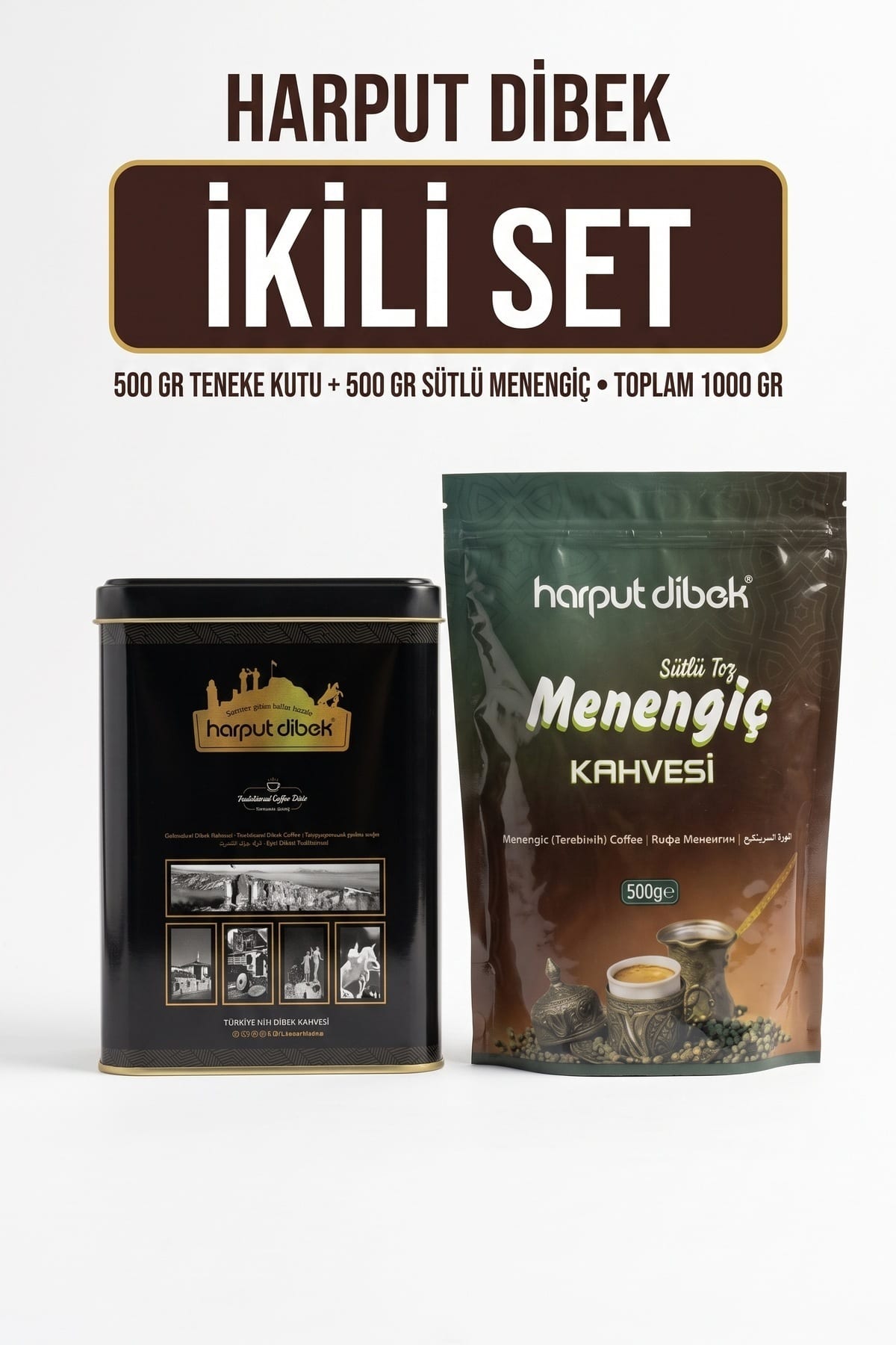 de349ac917474bb2.jpg İkili Set 500 gr Teneke Kutu Dibek Kahvesi + 500 gr Sütlü Toz Menengiç Kahvesi - Görsel 1