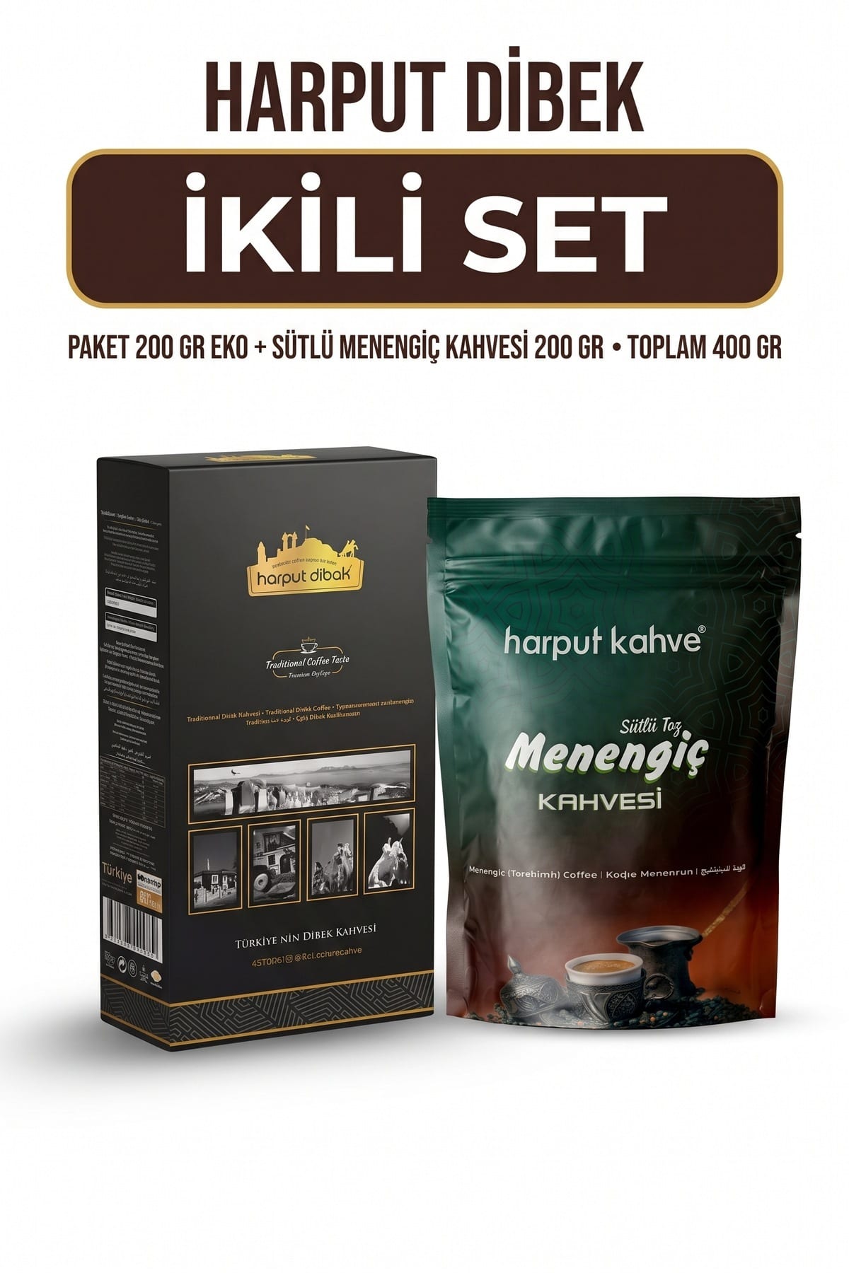 fbf1f031b609d6d0.jpg İkili Set 200 gr Eko Paket Dibek Kahvesi + 200 gr Sütlü Toz Menengiç Kahvesi - Görsel 1